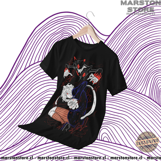 Polera negra Hunter x Hunter con diseño de Neferpitou
