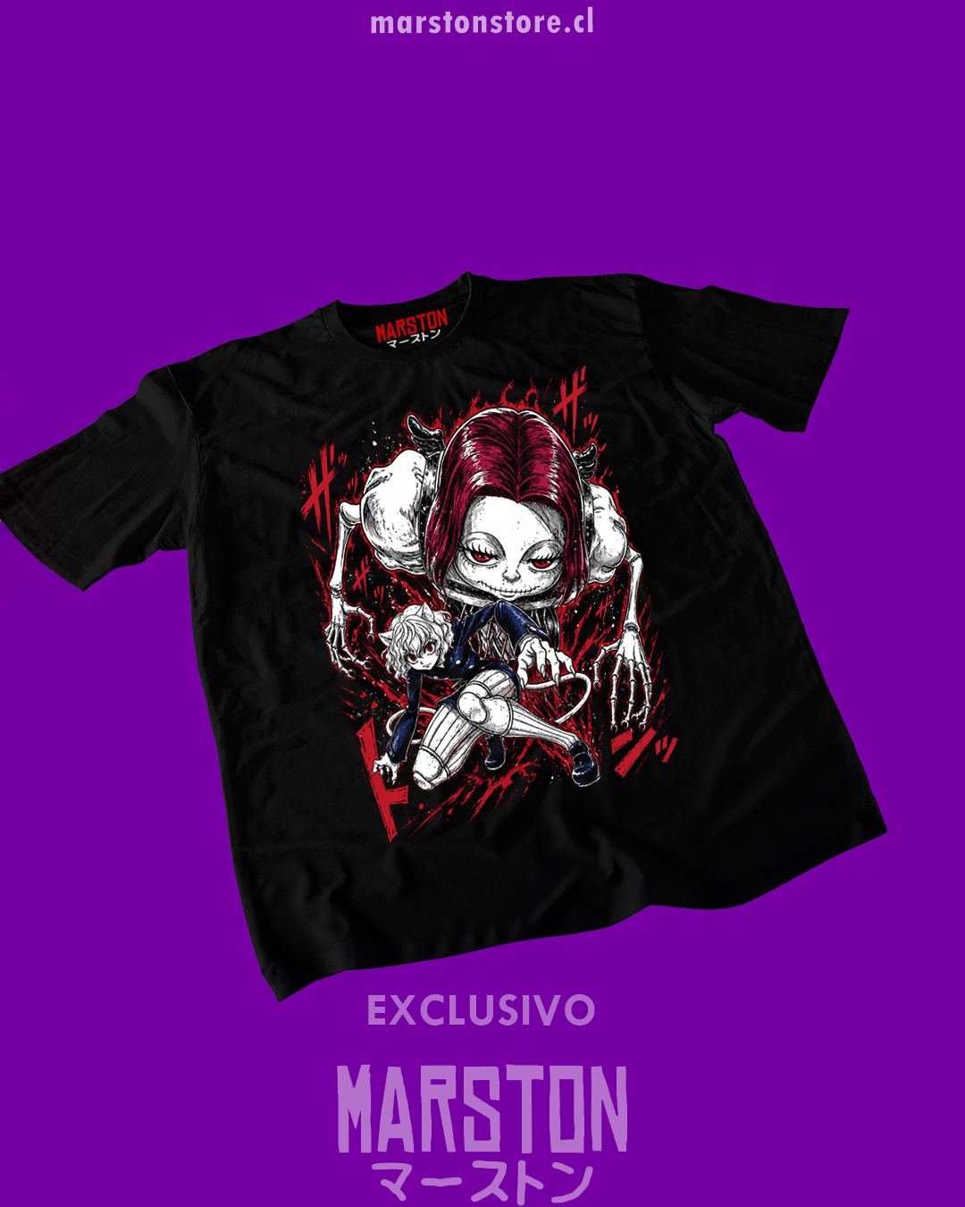 Polera negra Hunter x Hunter con diseño de Neferpitou