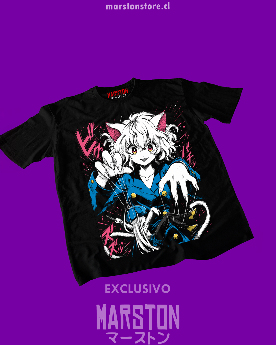 Polera negra Hunter x Hunter con diseño de Neferpitou