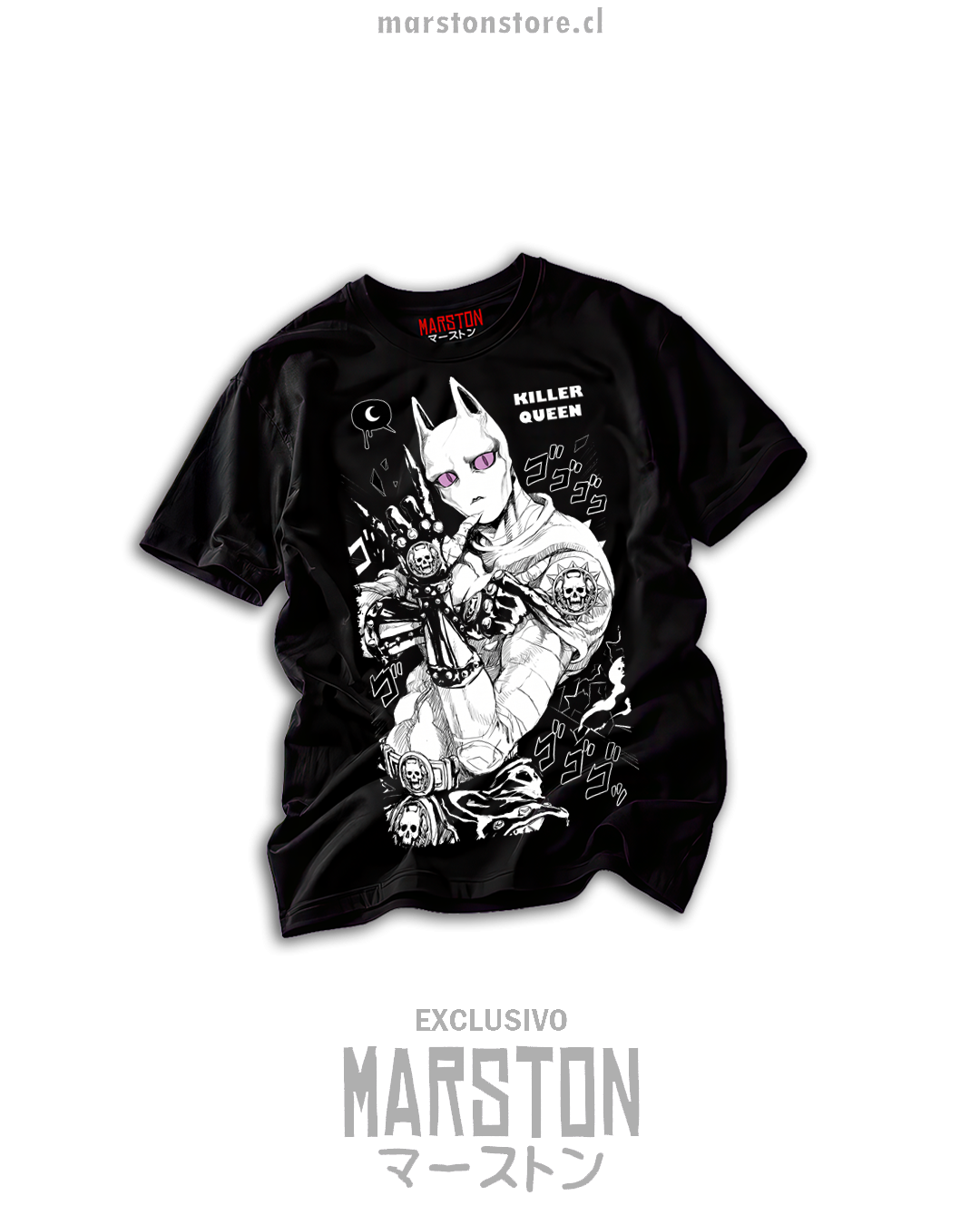 Polera negra JoJo's Bizarre Adventure con Killer Queen en ilustración manga monocroma