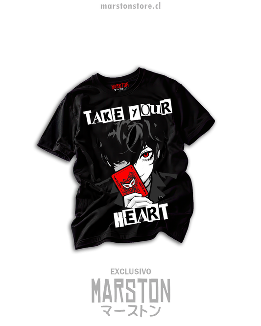 Polera negra Persona 5 con Joker y el mensaje Take your heart