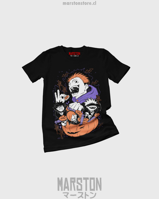 Polera negra Jujutsu Kaisen con diseño de Halloween
