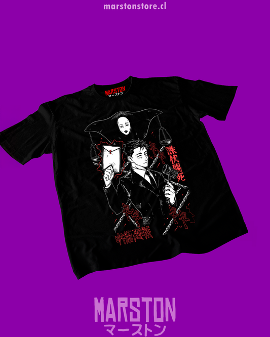 Polera negra Jujutsu Kaisen con diseño de Hiromi Higuruma