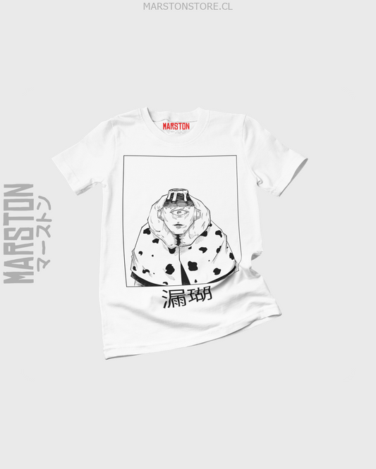 Polera blanca Jujutsu Kaisen con diseño de Jogo