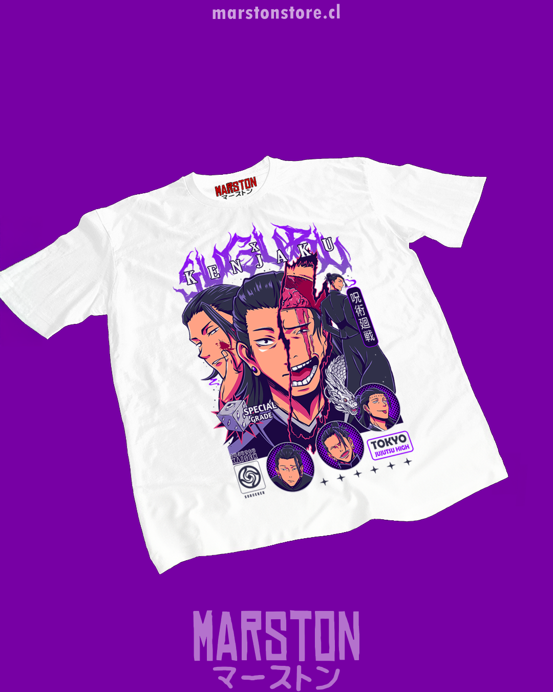 Polera Jujutsu Kaisen con diseño de Kenjaku y Suguru Geto