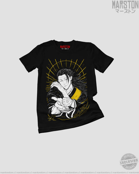 Polera negra Jujutsu Kaisen con diseño de Kenjaku y Suguru Geto