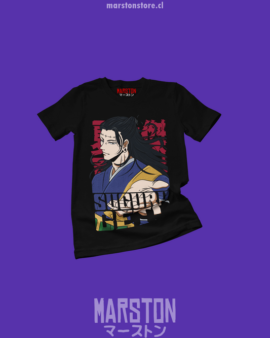 Polera negra Jujutsu Kaisen con diseño de Kenjaku y Suguru Geto