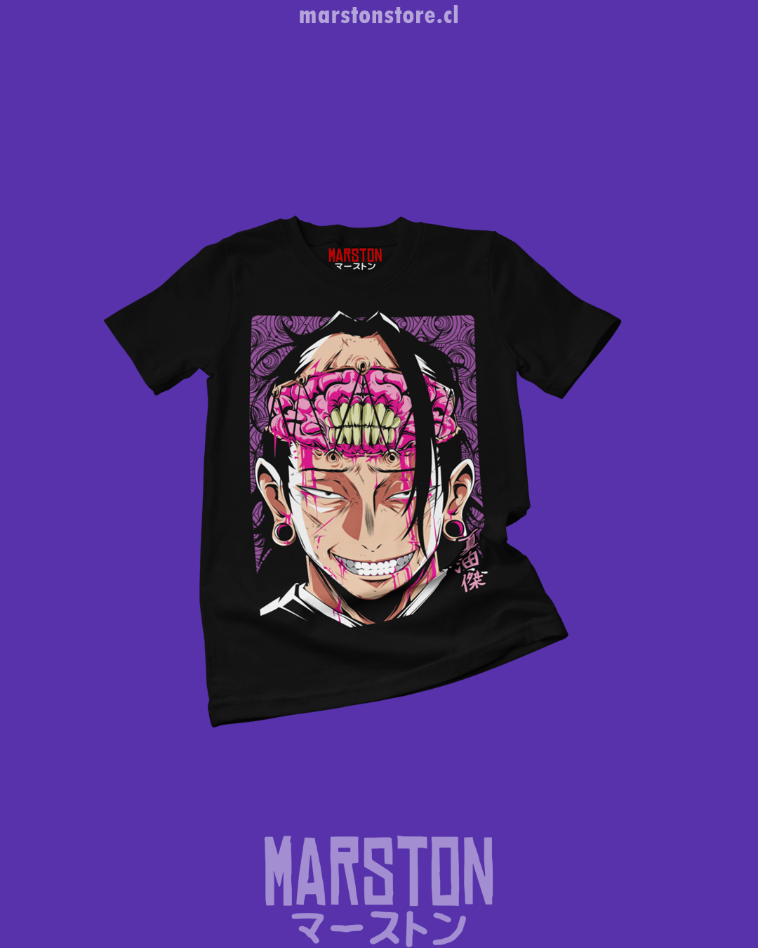 Polera negra Jujutsu Kaisen con diseño de Kenjaku y Suguru Geto