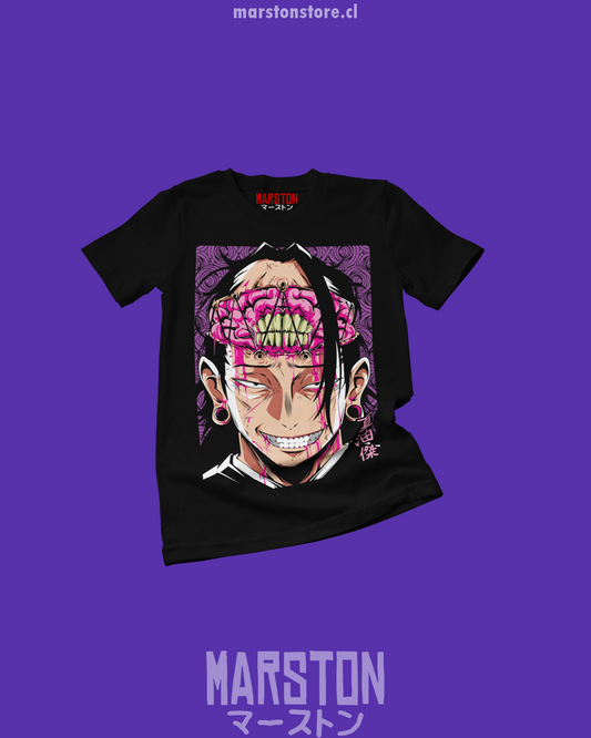 Polera negra Jujutsu Kaisen con diseño de Kenjaku y Suguru Geto
