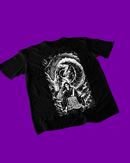 Polera negra Jujutsu Kaisen con diseño de Kenjaku y Suguru Geto