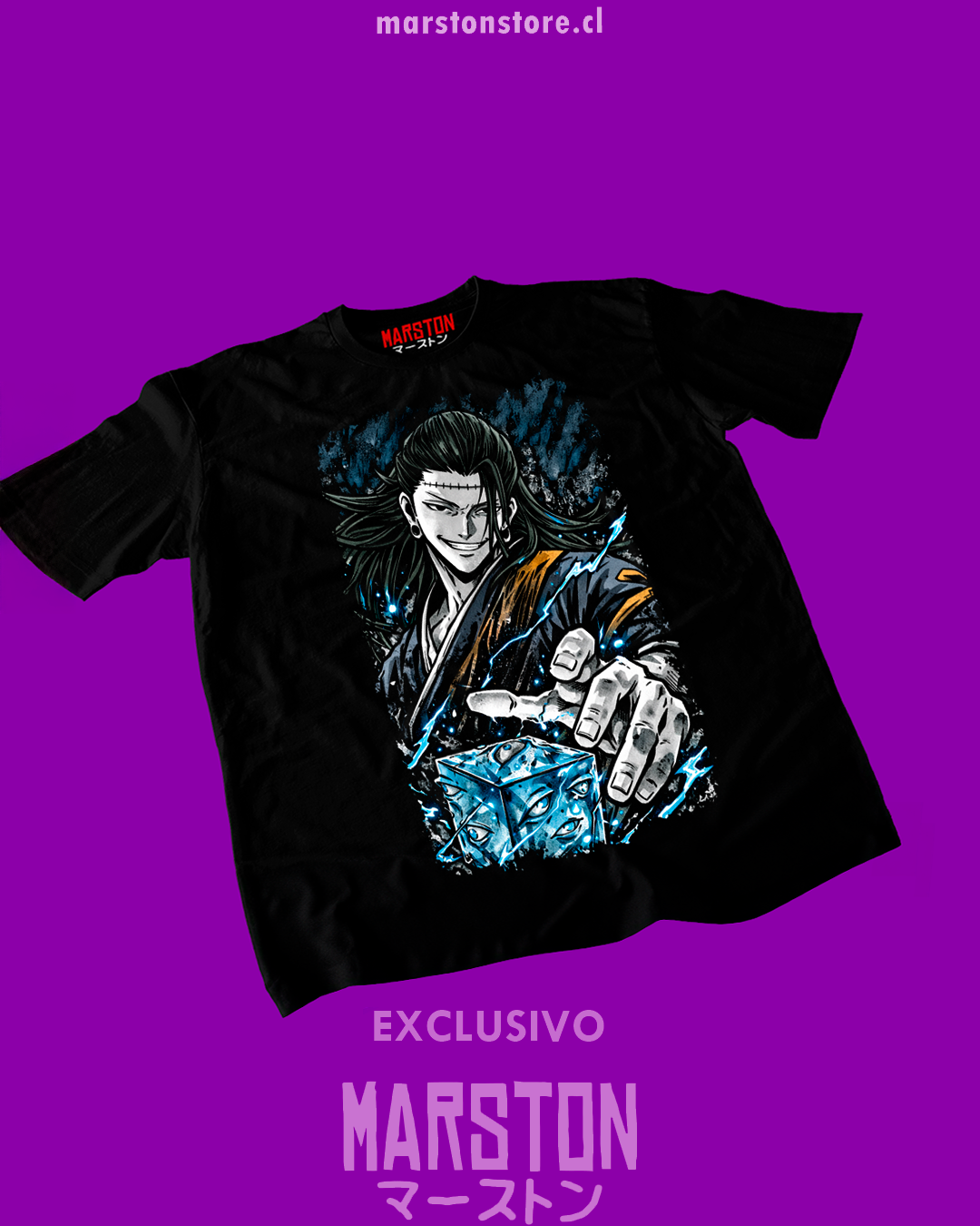 Polera negra Jujutsu Kaisen con diseño de Kenjaku y Suguru Geto
