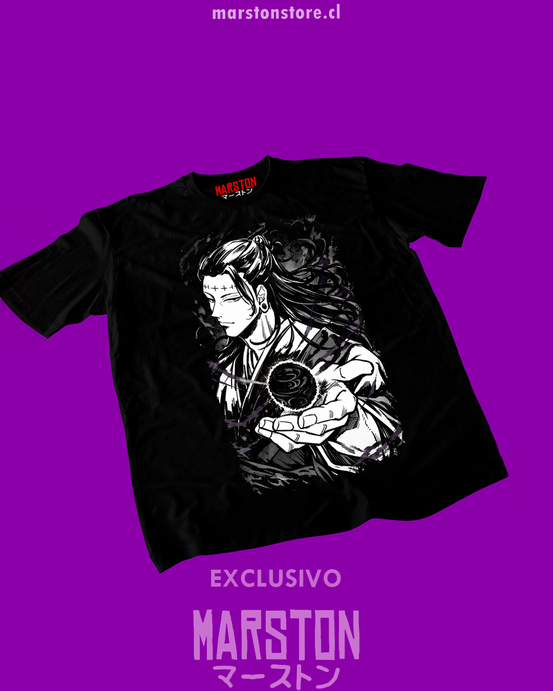 Polera negra Jujutsu Kaisen con diseño de Kenjaku y Suguru Geto