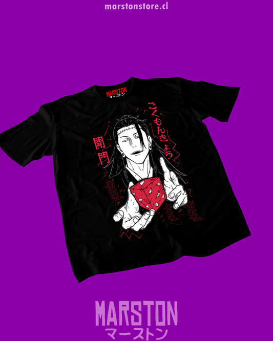 Polera negra Jujutsu Kaisen con diseño de Kenjaku y Suguru Geto