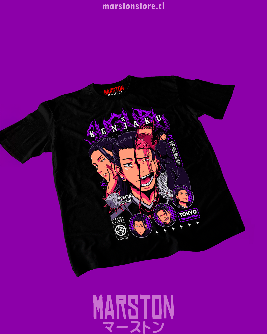 Polera negra Jujutsu Kaisen con diseño de Kenjaku y Suguru Geto