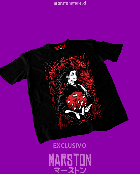 Polera negra Jujutsu Kaisen con diseño de Kenjaku y Suguru Geto