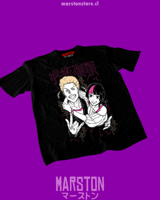 Polera negra Jujutsu Kaisen con Kinji Hakari y Kirara Hoshi