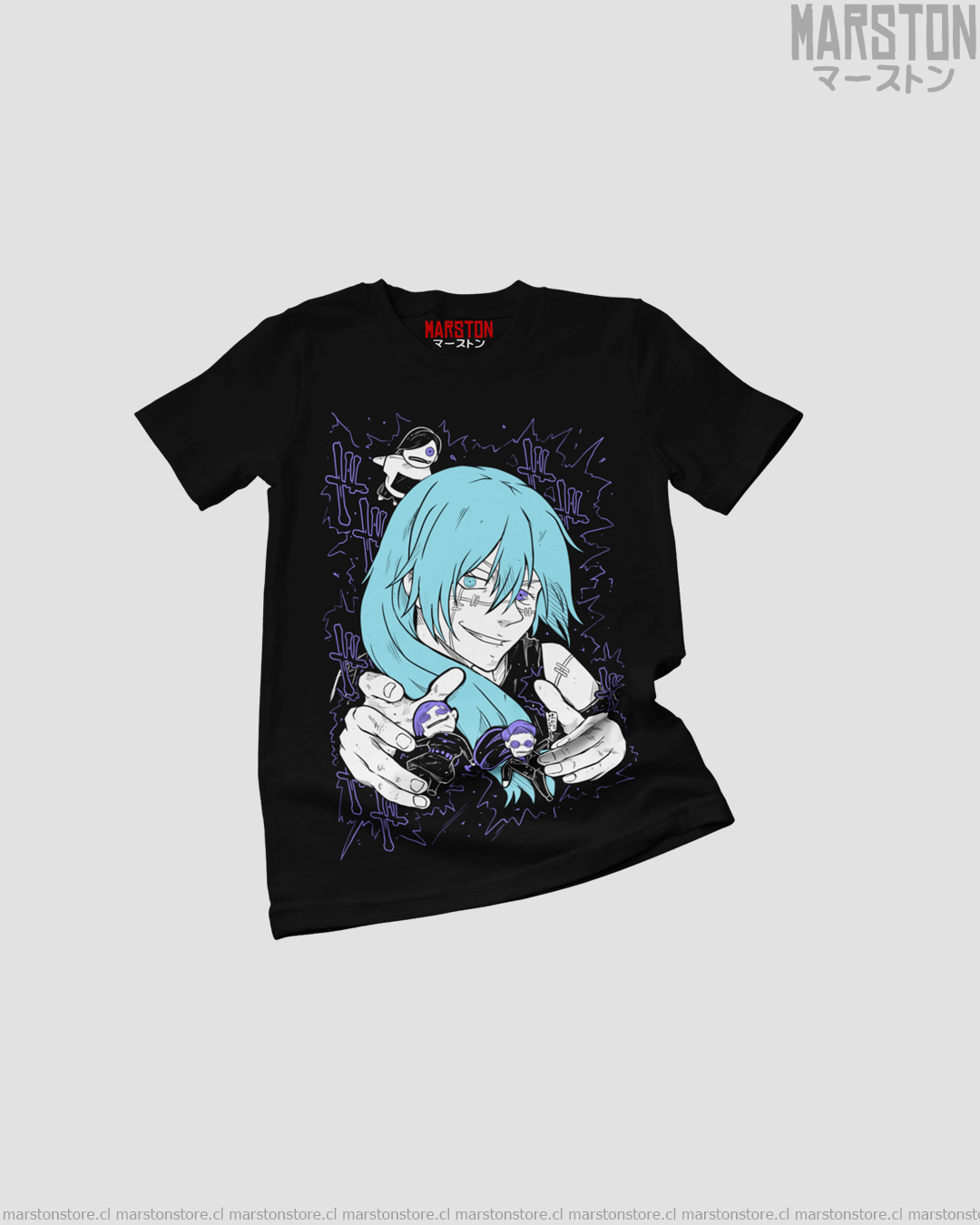 Polera negra Jujutsu Kaisen con diseño de Mahito