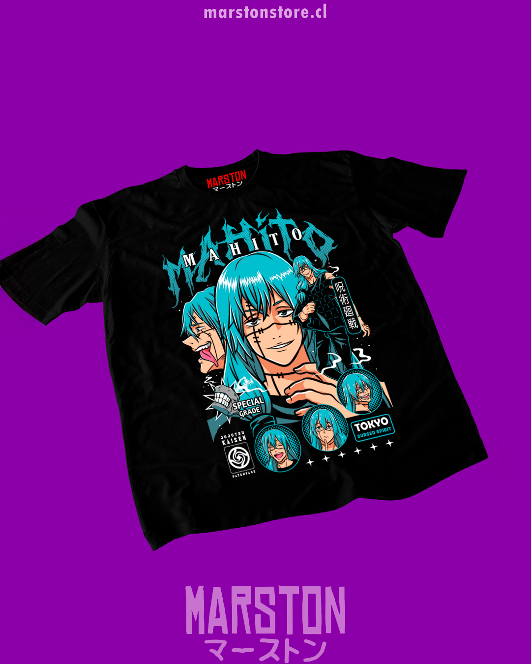 Polera negra Jujutsu Kaisen con diseño de Mahito