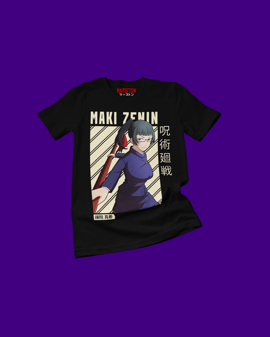 Polera negra Jujutsu Kaisen con diseño de Maki Zenin