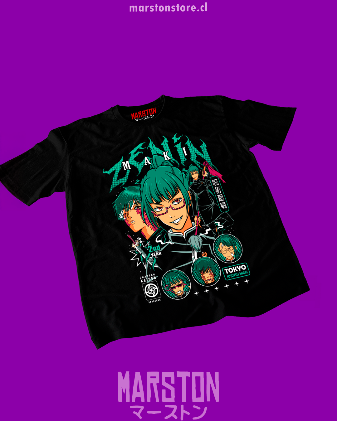 Polera negra Jujutsu Kaisen con diseño de Maki Zenin