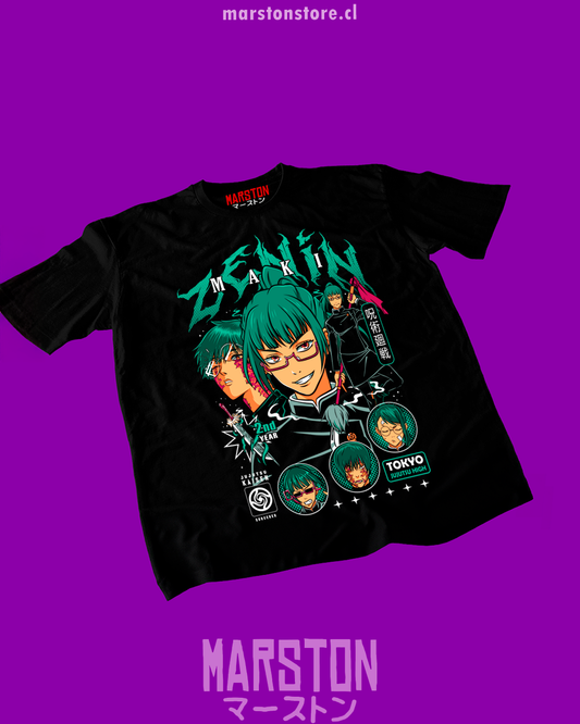 Polera negra Jujutsu Kaisen con diseño de Maki Zenin