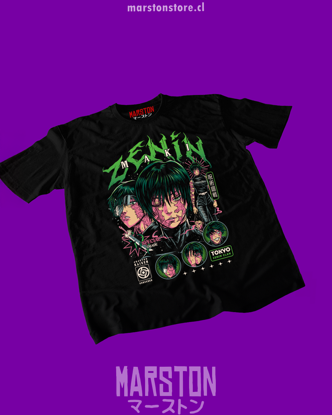 Polera negra Jujutsu Kaisen con diseño de Maki Zenin