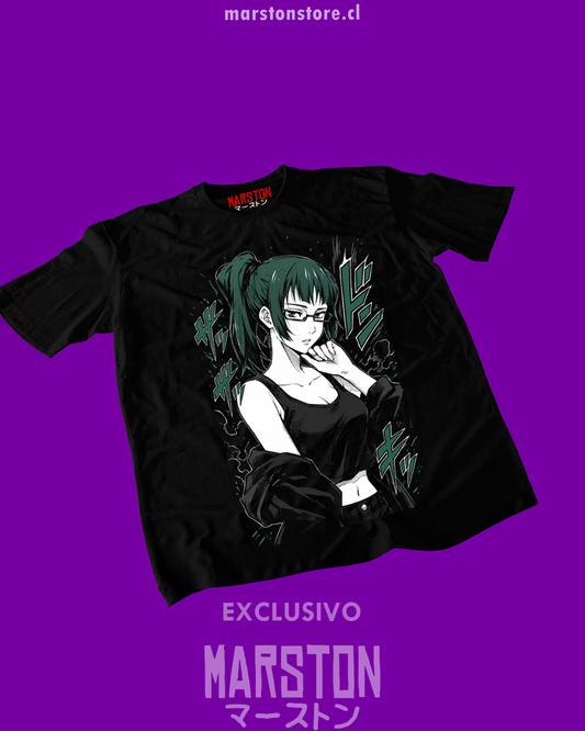 Polera negra Jujutsu Kaisen con diseño de Maki Zenin
