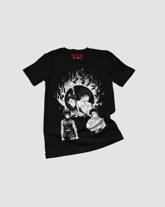 Polera negra Jujutsu Kaisen con Maki Zenin y Yuta Okkotsu