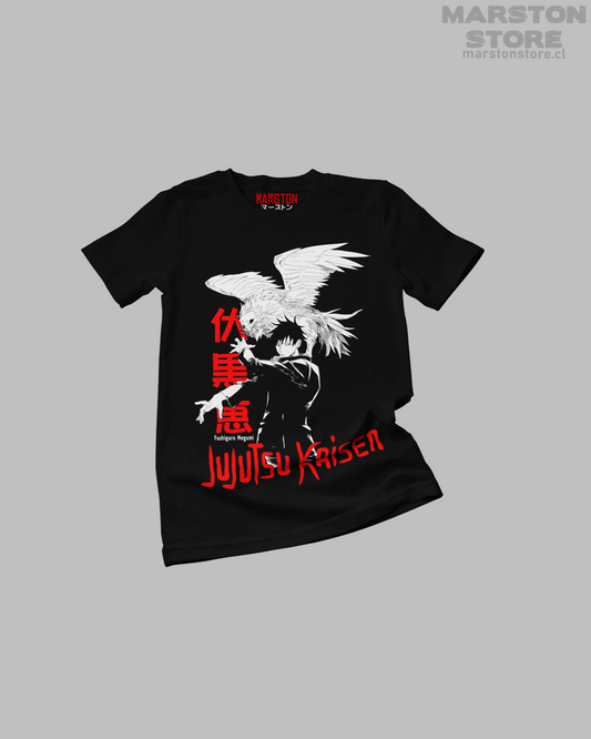 Polera negra Jujutsu Kaisen con diseño de Megumi Fushiguro