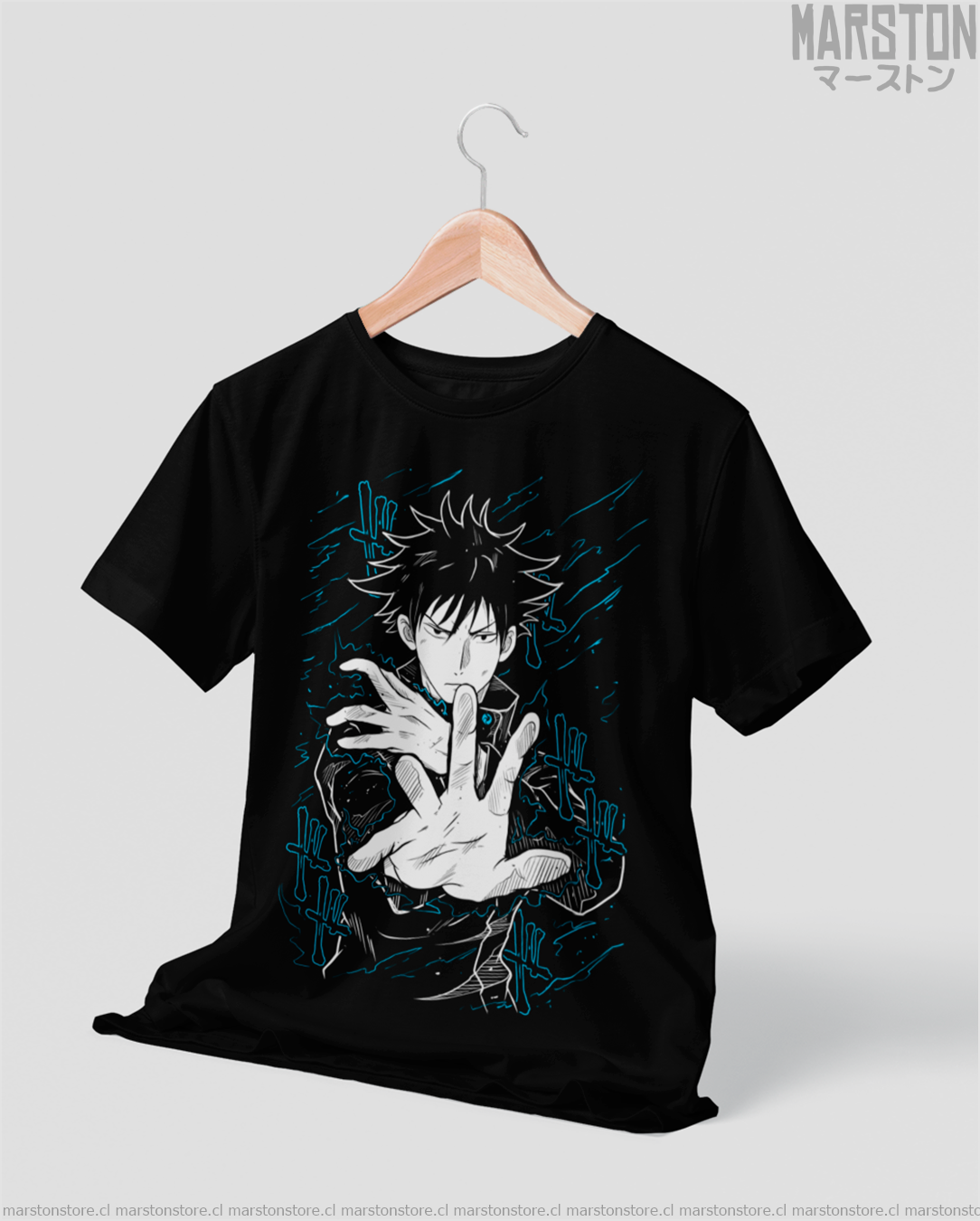 Polera negra Jujutsu Kaisen con diseño de Megumi Fushiguro