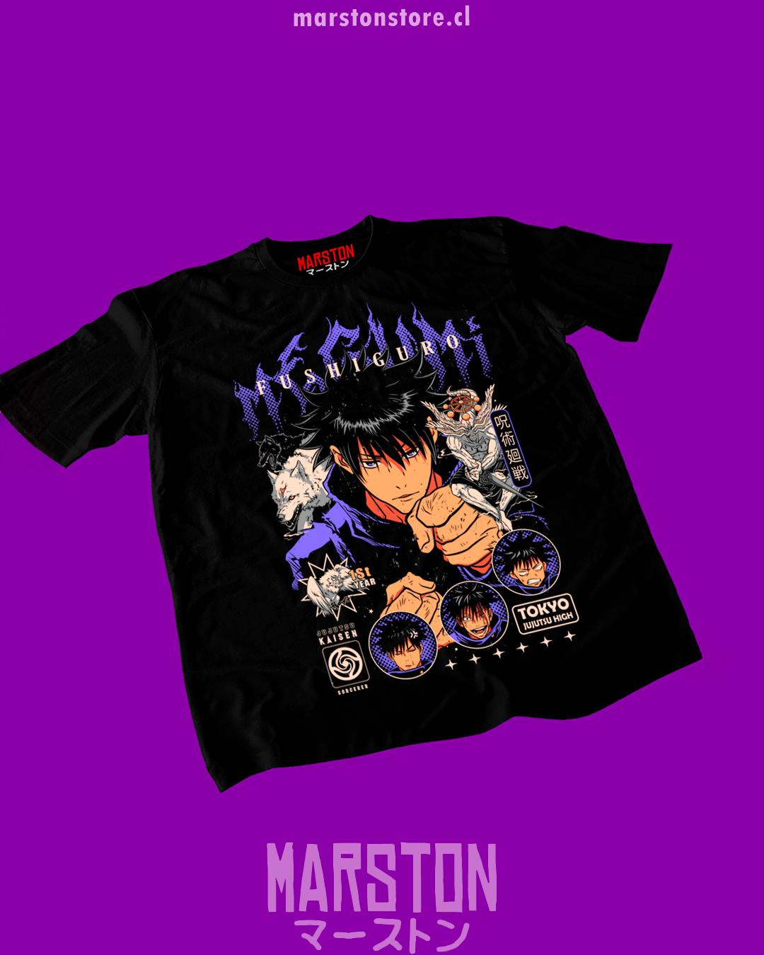Polera negra Jujutsu Kaisen con diseño de Megumi Fushiguro
