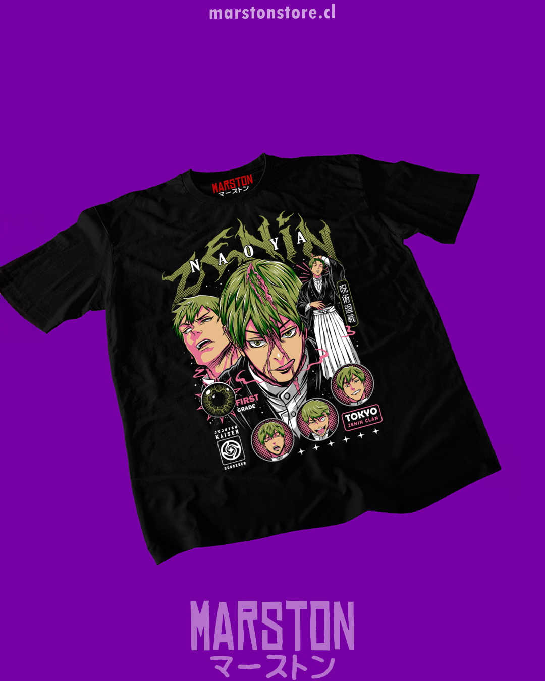 Polera negra Jujutsu Kaisen con diseño de Naoya Zenin