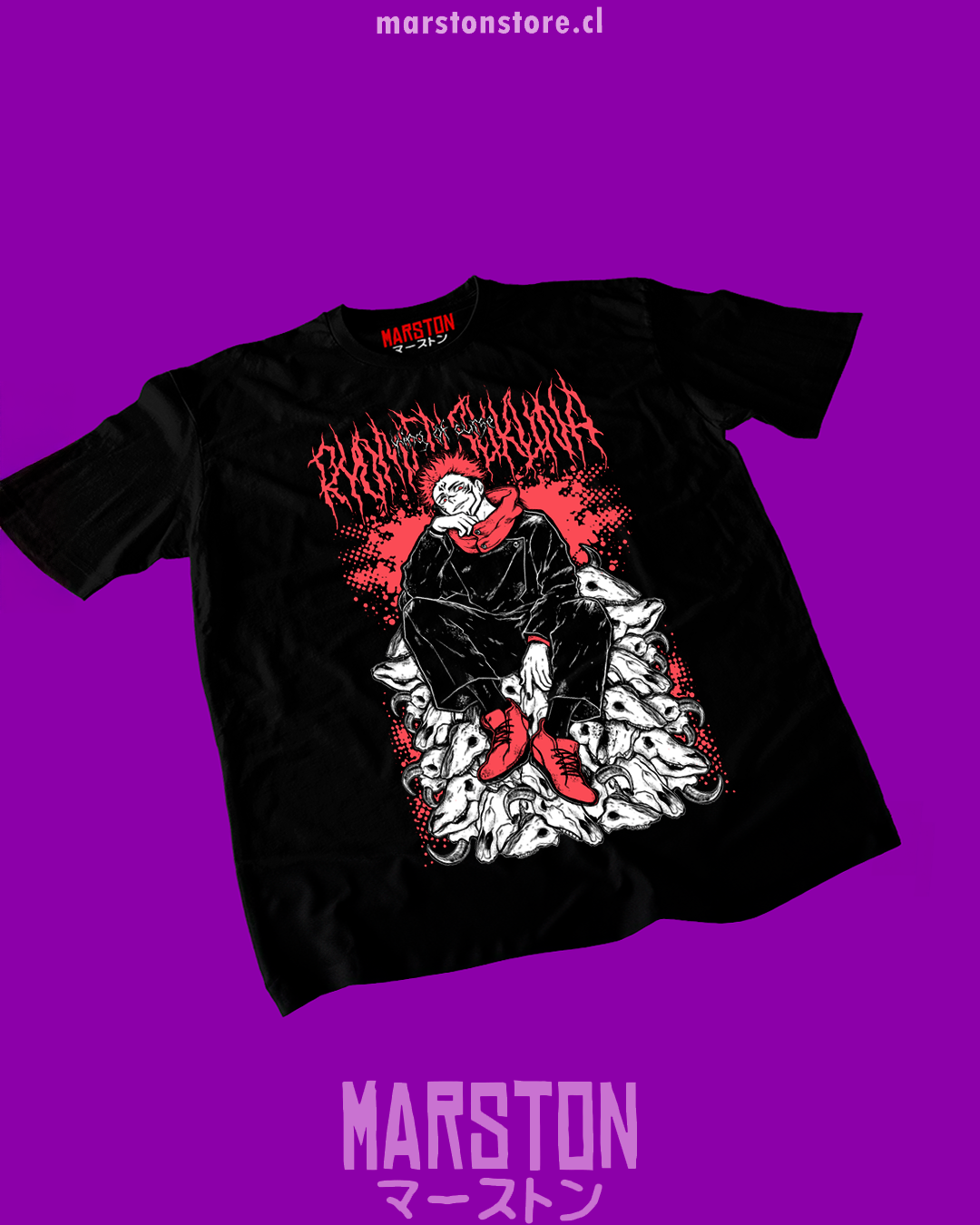 Polera negra Jujutsu Kaisen con diseño de Ryomen Sukuna