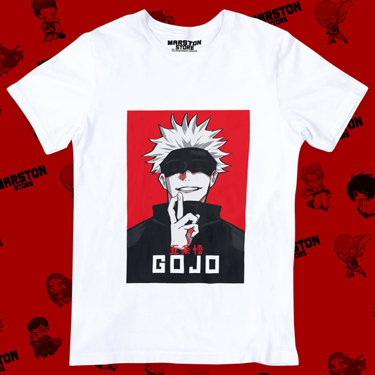 Polera blanca Jujutsu Kaisen con diseño de Satoru Gojo