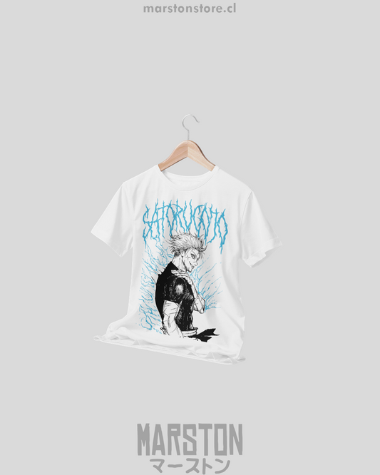 Polera blanca Jujutsu Kaisen con diseño de Satoru Gojo