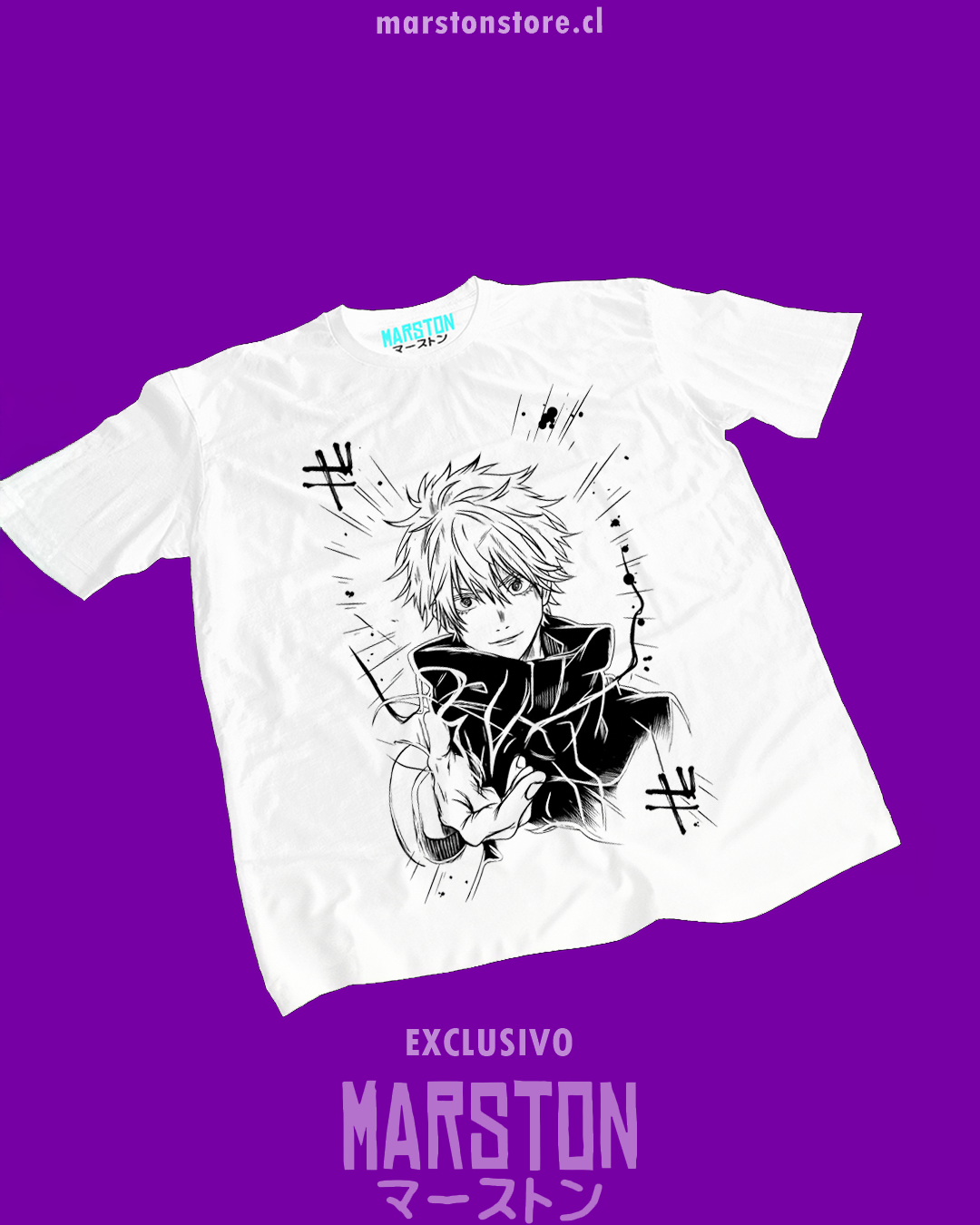 Polera blanca Jujutsu Kaisen con diseño de Satoru Gojo