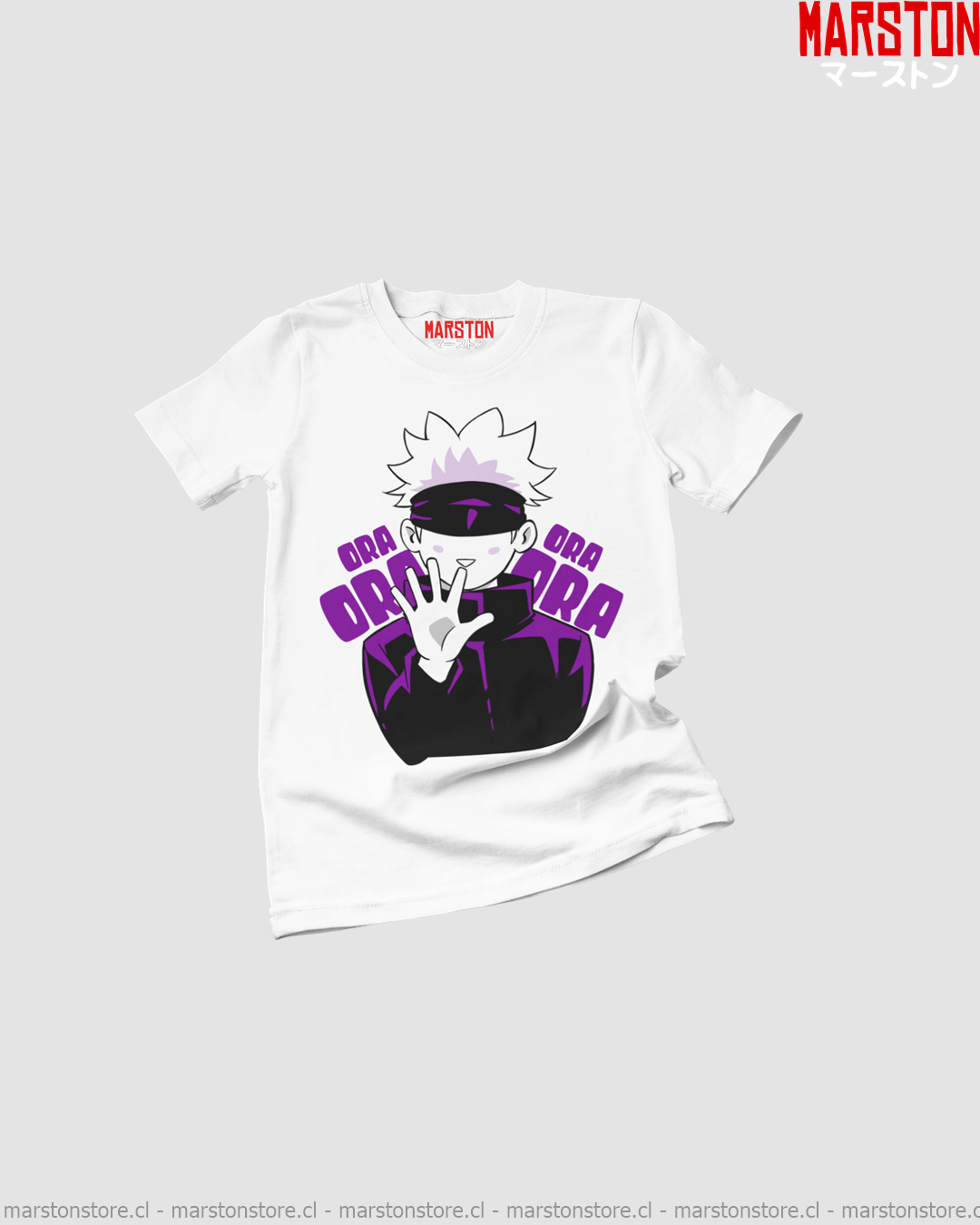 Polera blanca Jujutsu Kaisen con diseño de Satoru Gojo