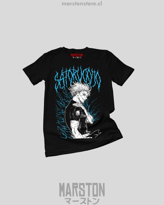 Polera negra Jujutsu Kaisen con diseño de Satoru Gojo