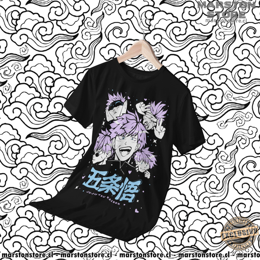 Polera negra Jujutsu Kaisen con diseño de Satoru Gojo