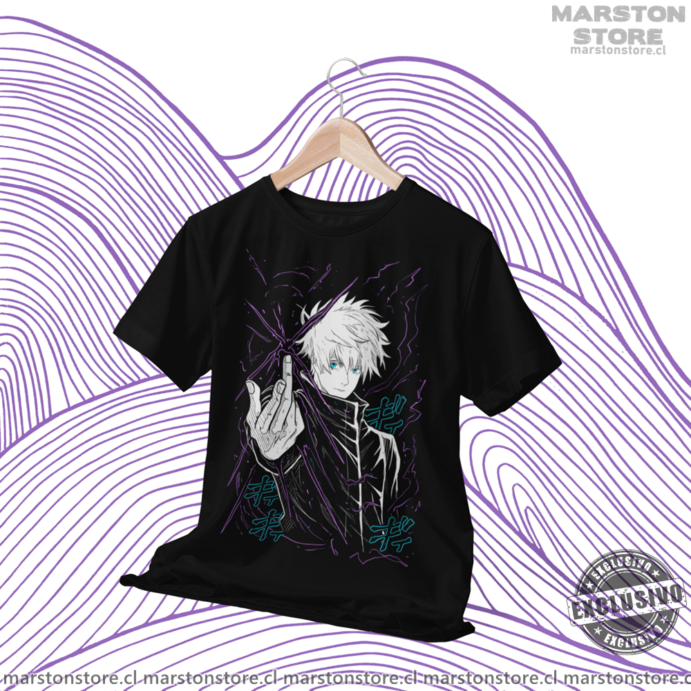 Polera negra Jujutsu Kaisen con diseño de Satoru Gojo
