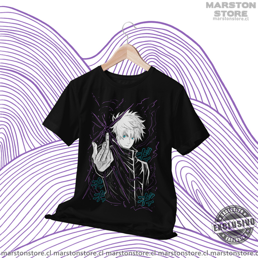 Polera negra Jujutsu Kaisen con diseño de Satoru Gojo