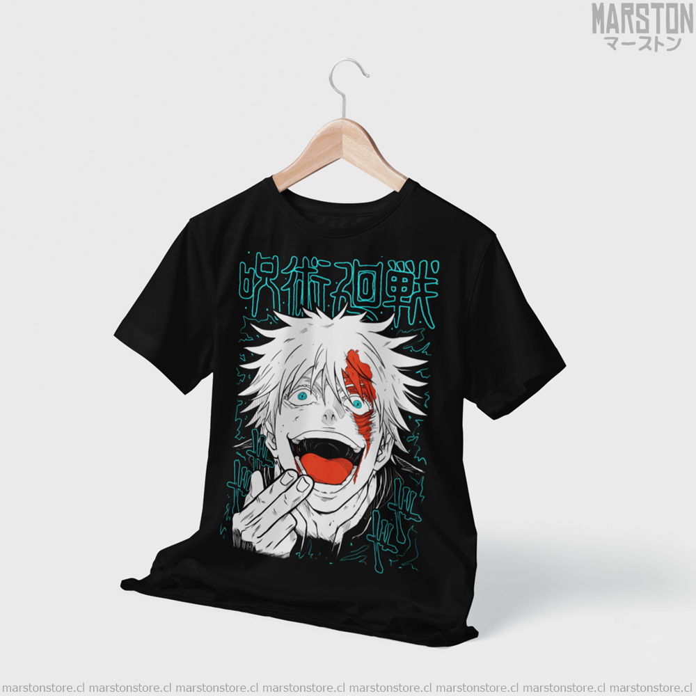 Polera negra Jujutsu Kaisen con diseño de Satoru Gojo