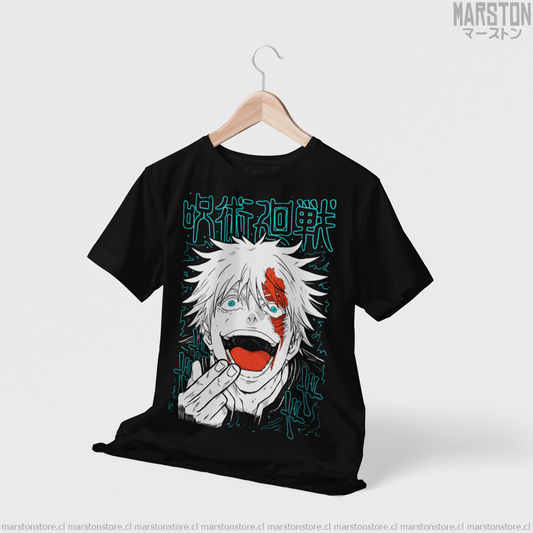 Polera negra Jujutsu Kaisen con diseño de Satoru Gojo