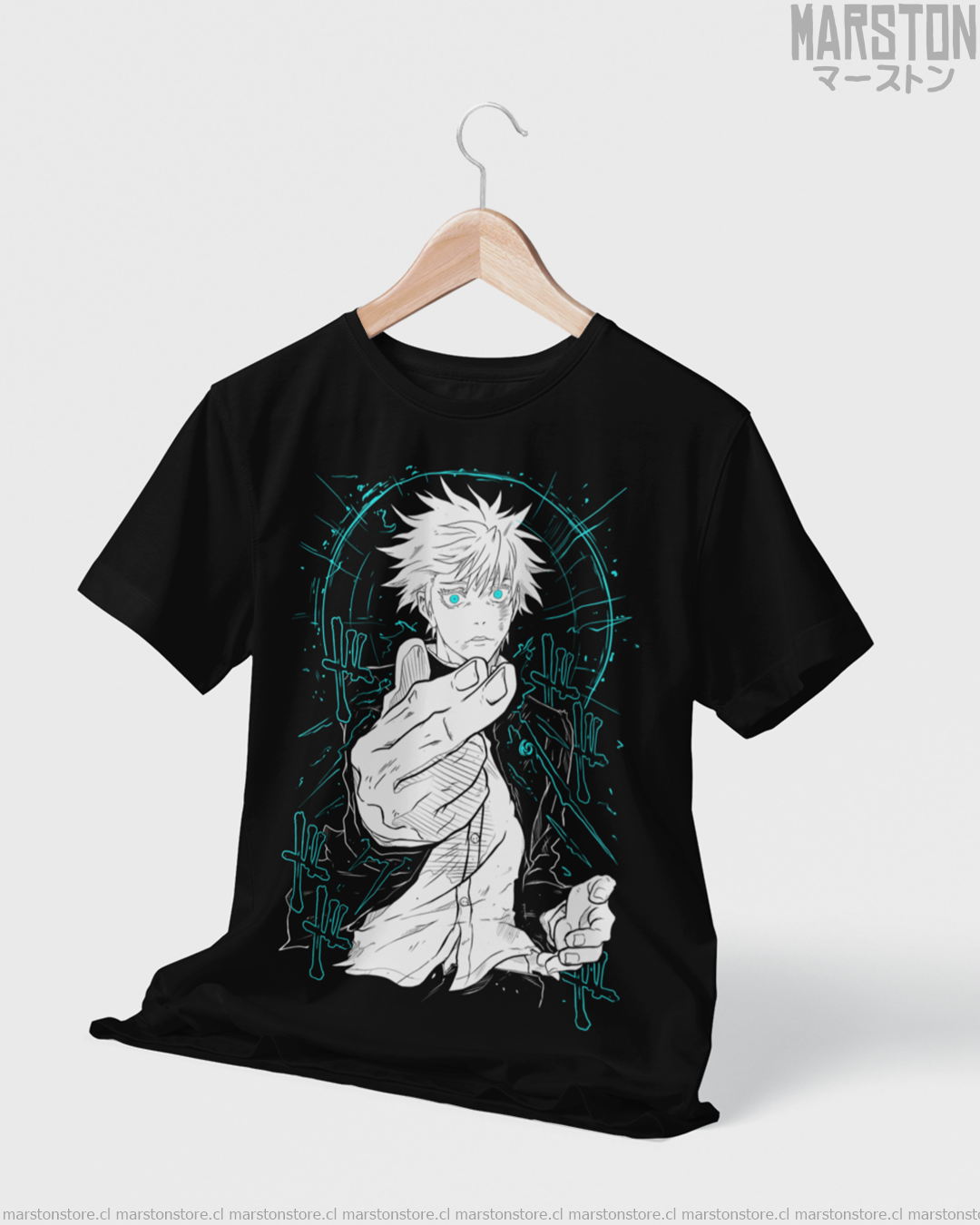 Polera negra Jujutsu Kaisen con diseño de Satoru Gojo