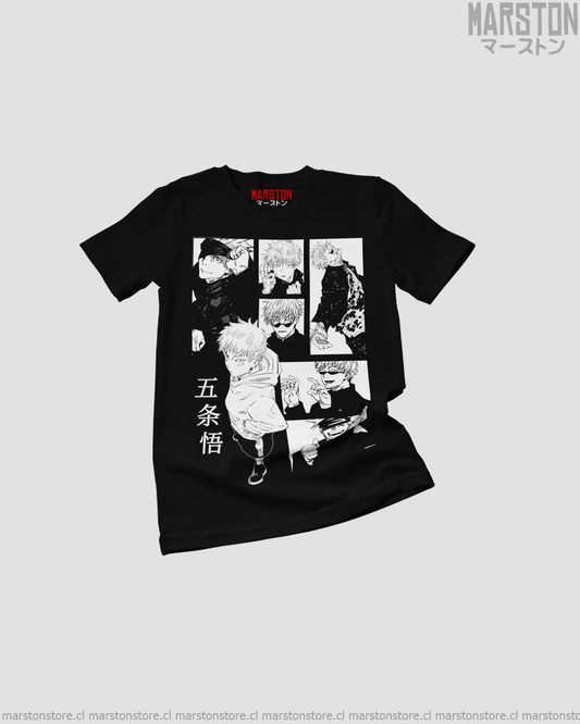 Polera negra Jujutsu Kaisen con diseño de Satoru Gojo