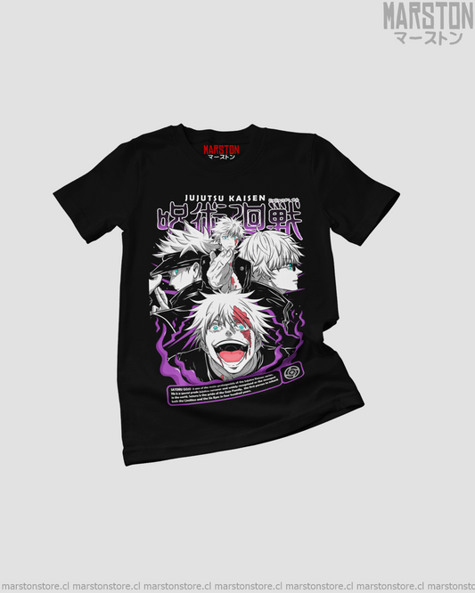 Polera negra Jujutsu Kaisen con diseño de Satoru Gojo