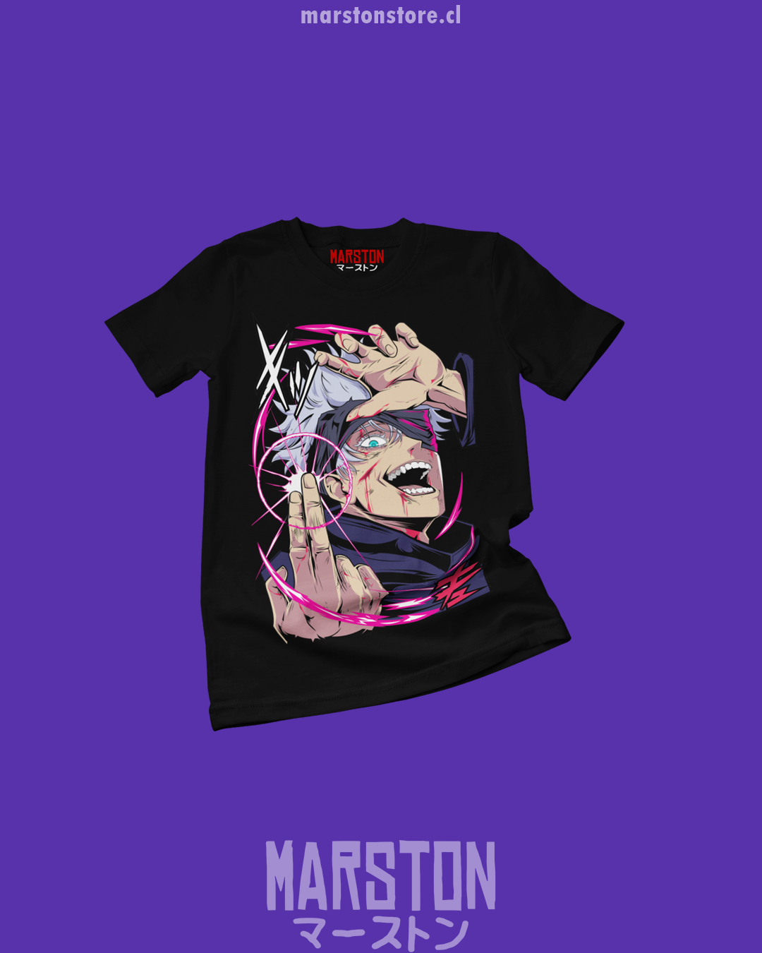 Polera negra Jujutsu Kaisen con diseño de Satoru Gojo