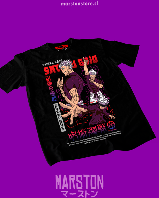 Polera negra Jujutsu Kaisen con diseño de Satoru Gojo