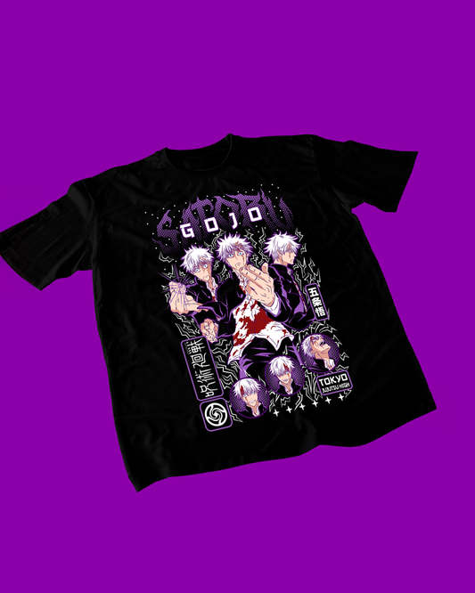 Polera negra Jujutsu Kaisen con diseño de Satoru Gojo