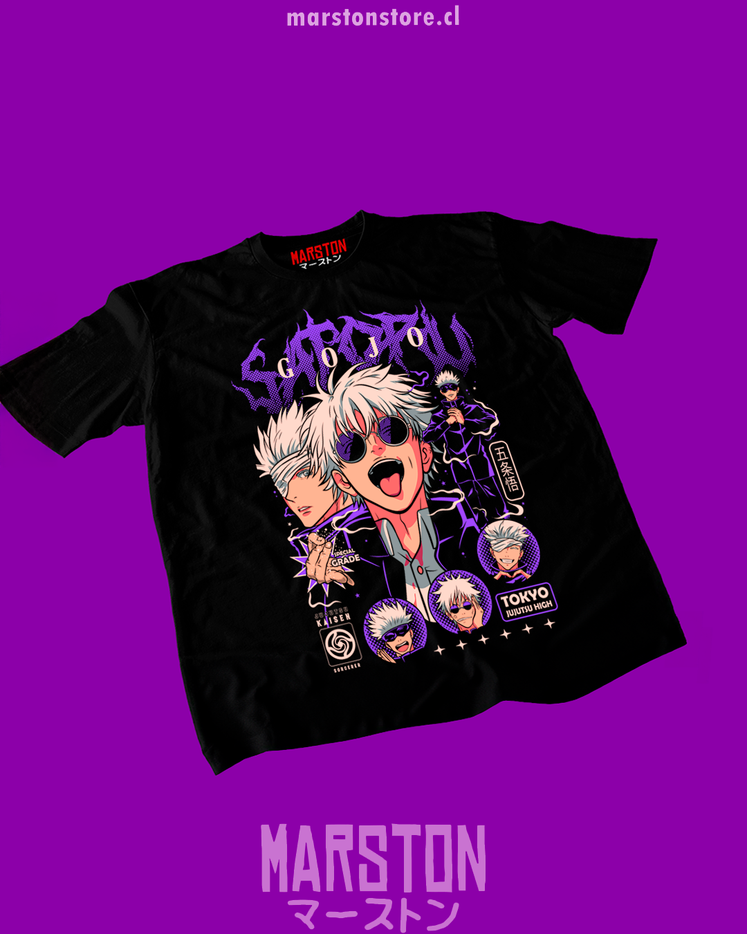 Polera negra Jujutsu Kaisen con diseño de Satoru Gojo